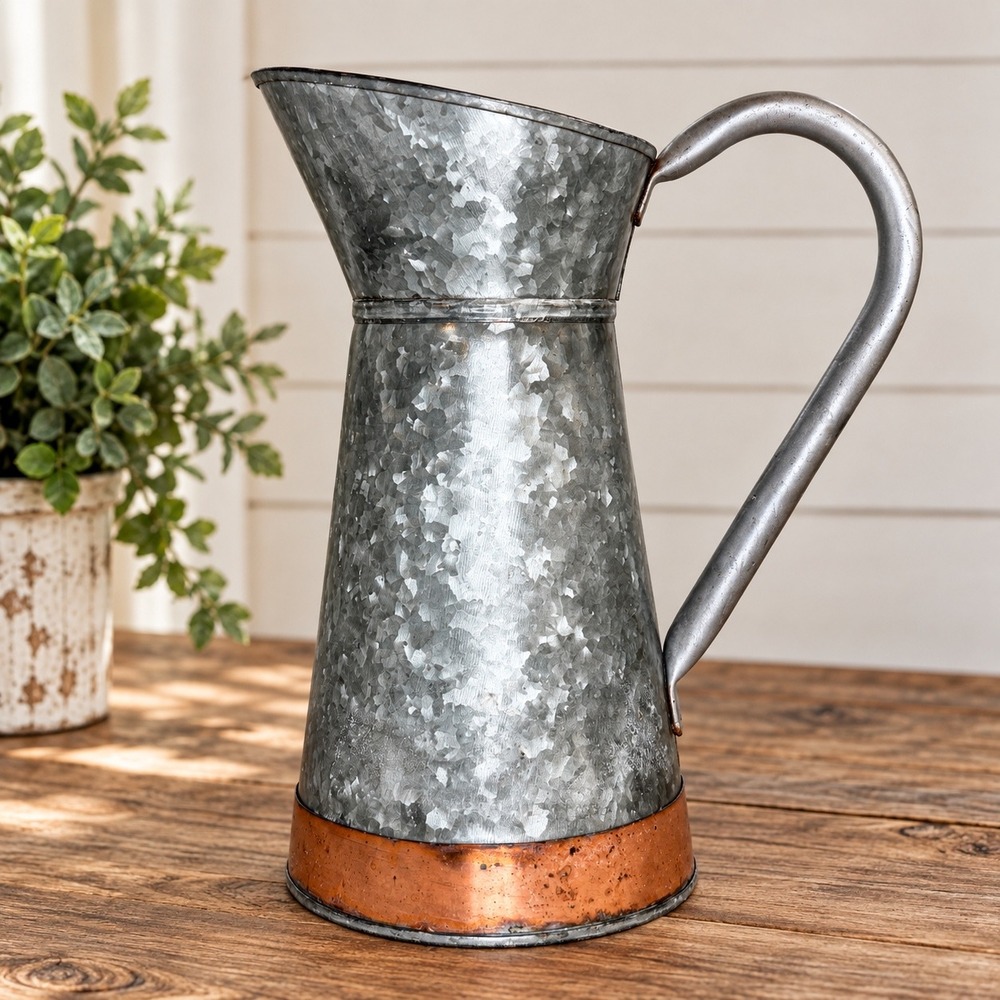 Rustic Galvanized Metal Pitcher 11.5" Copper Accent Farmhouse Vase Decor